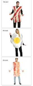 Detailed views of creative bacon and fried egg foam costumes for Halloween party events