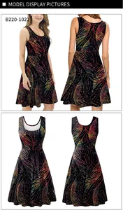 Front and back views of a black sleeveless A-line dress with colorful feather digital prints