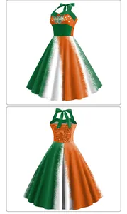 Détails avant et arrière de la robe dos nu de la Saint-Patrick avec motif de trèfle