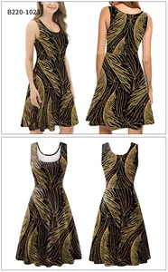 Detail view of sleeveless A-line dress with golden feather print on black fabric