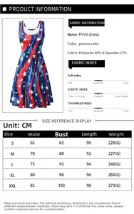 Guide des tailles pour robe sans manches imprimé drapeau avec mesures buste et taille