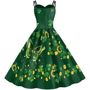 Green St. Patrick's Day A-line dress with clover and horseshoe digital prints