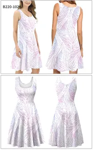 Detail of a sleeveless A-line summer dress featuring pink and blue gradient dot patterns