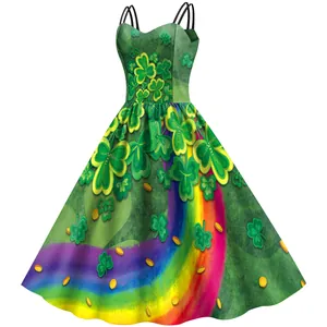 St. Patrick's Day green dress with shamrock, rainbow and gold coin prints on white background