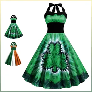 Robe Trapèze Vintage Dos Nu Saint-Patrick Imprimé Trèfle Vert Tie-Dye Taille Haute Sans Manches Robe Midi Fête
