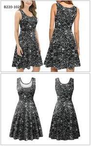 Close-up of black and silver sequin digital print on sleeveless A-line summer dress
