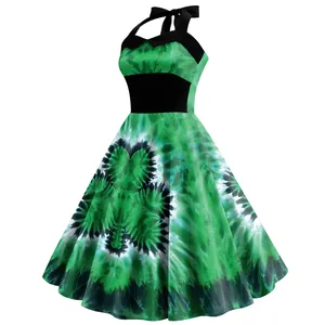Robe licou rétro de la Saint-Patrick avec jupe trapèze tie-dye verte et taille noire