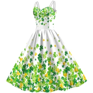 Retro St. Patrick's Day A-line dress with green shamrock print and sweetheart neckline