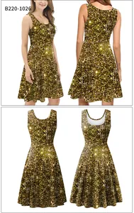 Detail of A-line sleeveless dress with gold sequin digital print and round neck design