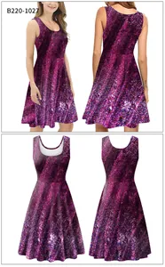 Detailed front and back views of a purple sequin print sleeveless A-line summer dress