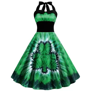 Robe trapèze verte tie-dye pour la Saint-Patrick sans manches à taille haute chic