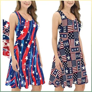 Robe sans Manches pour Femme Jour de l'Indépendance Imprimé Drapeau Américain Col Rond Ligne A Été Festif Étoiles Rayures Midi