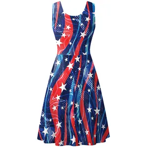 Robe d'été sans manches en coupe A avec imprimé drapeau américain étoiles et rayures