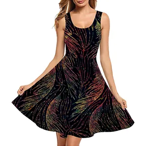 Women's sleeveless A-line summer dress with colorful sequin-style feather print on black fabric