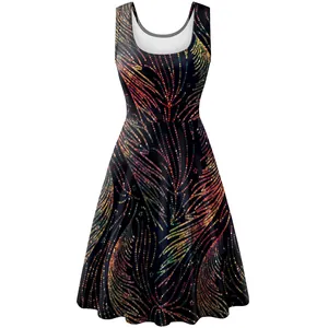 Women's sleeveless A-line summer dress with colorful radial sequin-print pattern