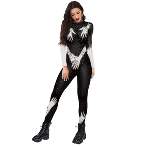 Women's Halloween Gothic Long Sleeve Mock Neck 3D Digital Print Slim Bodysuit Stage Performance Jumpsuit Party Costume