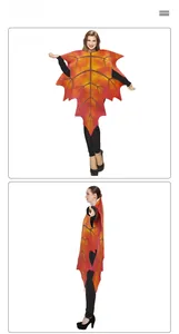 Detail showing the maple leaf costume with realistic black veins and orange gradient print