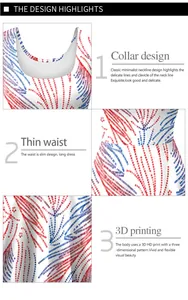 Detail of Summer dress showing 3D digital star print, sleek neckline, and slim waist design
