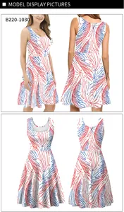 Front and back detail of sleeveless A-line summer dress with red and blue starburst prints