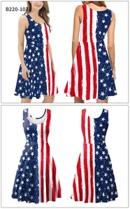 Detail of sleeveless dress featuring American flag stars and stripes digital print