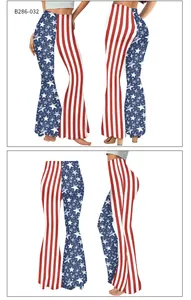 Détail du pantalon patte d'eph taille haute avec imprimé drapeau américain et étoiles