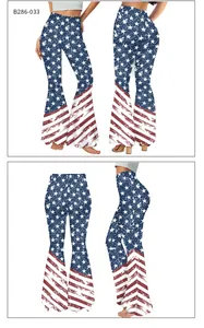 Détail du pantalon évasé taille haute avec imprimé drapeau américain vintage