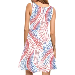 Independence Day Sleeveless A-Line Dress Patriotic Stars And Stripes Digital Print Round Neck Summer Festive Midi Vest Dress