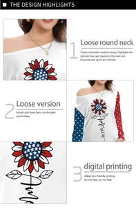 Dettaglio del collo rotondo e stampa digitale girasole bandiera USA su top bianco