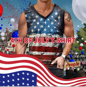 Detail of Fourth of July men's V-neck tank top featuring stars and stripes patterns