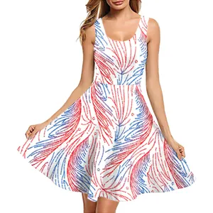 Women's sleeveless Independence Day A-line dress with red and blue star digital print