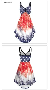 Detail view of Independence Day summer dress featuring American flag stars and stripes pattern