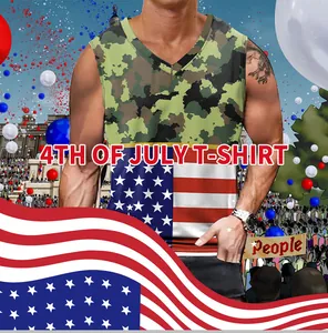 Close-up of men's V-neck vest featuring camo and USA flag prints for July 4th celebrations