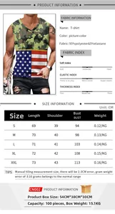 Size chart and fabric details for men's V-neck camo tank top with USA flag print