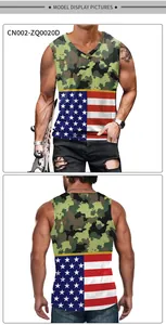 Front and back detail of V-neck men's tank top with camouflage and USA flag print