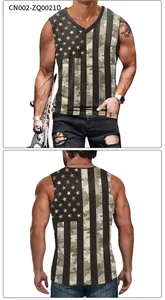 Front and back detail of V-neck men's tank top with US flag camo digital print