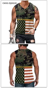 Detail view of men's tank top with camouflage pattern and USA flag stars and stripes print