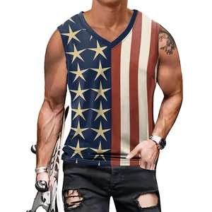 Men American Flag Tank Top V Neck Independence Day Sleeveless Shirt Distressed Star Stripe Digital Print Casual Streetwear Vest