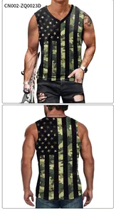 Detailed front and back views of men's V-neck camo tank top with American flag pattern