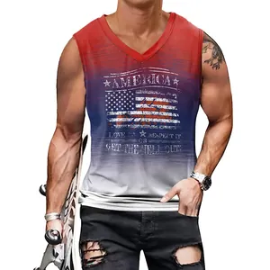 Men's V-neck US flag tank top with stars and stripes graphic and patriotic slogan print
