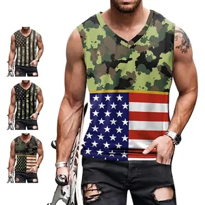 Men's Streetwear V-Neck Tank Top Camo USA Flag Splice Print Sleeveless Shirt Independence Day Holiday Casual Muscle Top