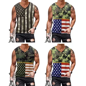 Men's V-neck sleeveless tanks featuring patriotic camo and USA flag stripe prints