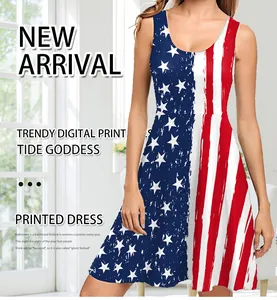Detail of A-line tank dress with American flag digital print and vintage star-stripe pattern