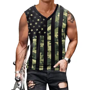 Men's V-neck tank top with camouflage American flag print in casual street style