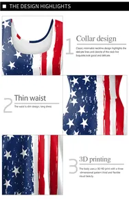 Detail view of 3D HD American flag print, round neckline and slim waist of the maxi dress
