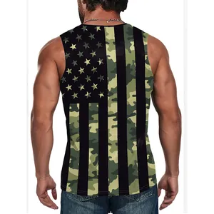 Men's V-neck tank top with patriotic USA flag camo stripes design, back view