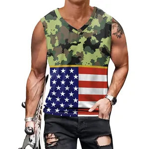 Men's V-neck muscle tank top featuring camouflage and USA flag digital print patterns