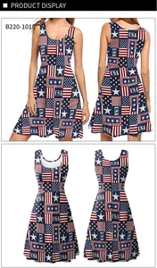 Detail view of sleeveless A-line dress with American flag print and USA typography