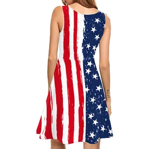 Women's Independence Day American Flag Print Sleeveless A-Line Midi Dress Retro Distressed Stars And Stripes Summer Tank Dress