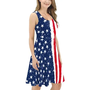 Women's sleeveless A-line dress with distressed US flag print for Independence Day