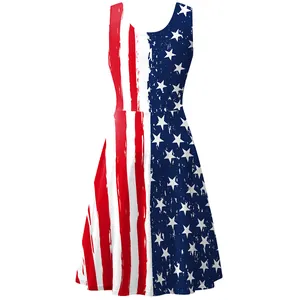Vintage USA flag printed sleeveless A-line summer dress with distressed retro pattern design